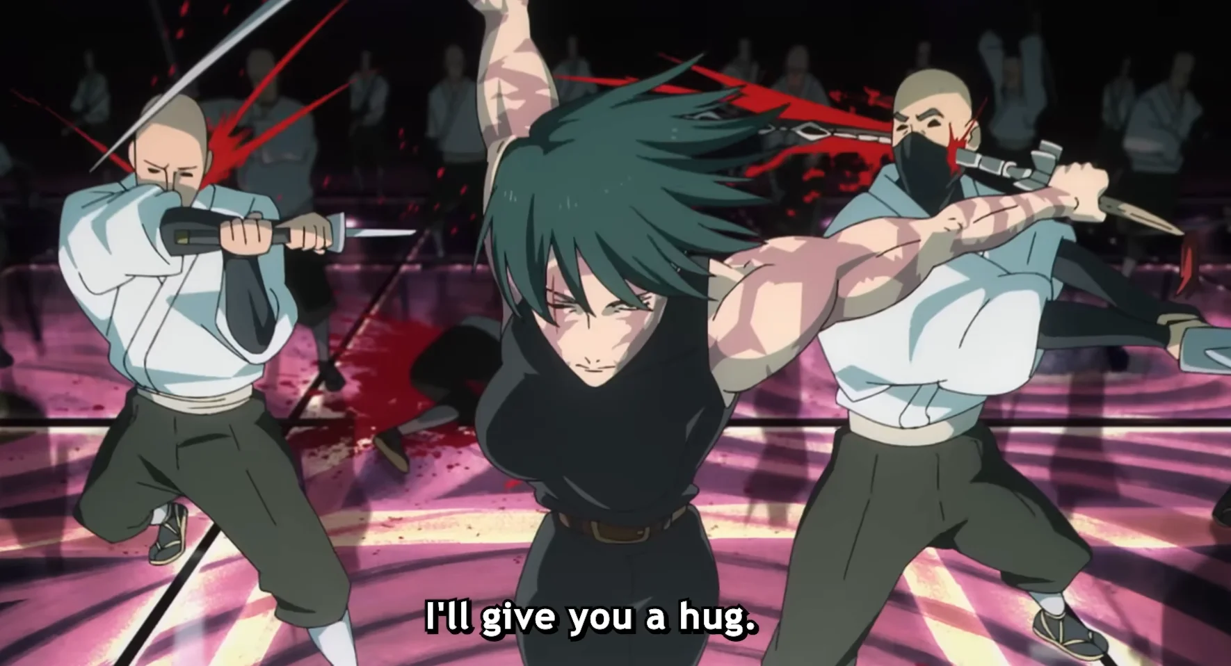 the image shows Maki Zenin during a major conflict known as the Zenin Clan massacre in Sakurajima Colony